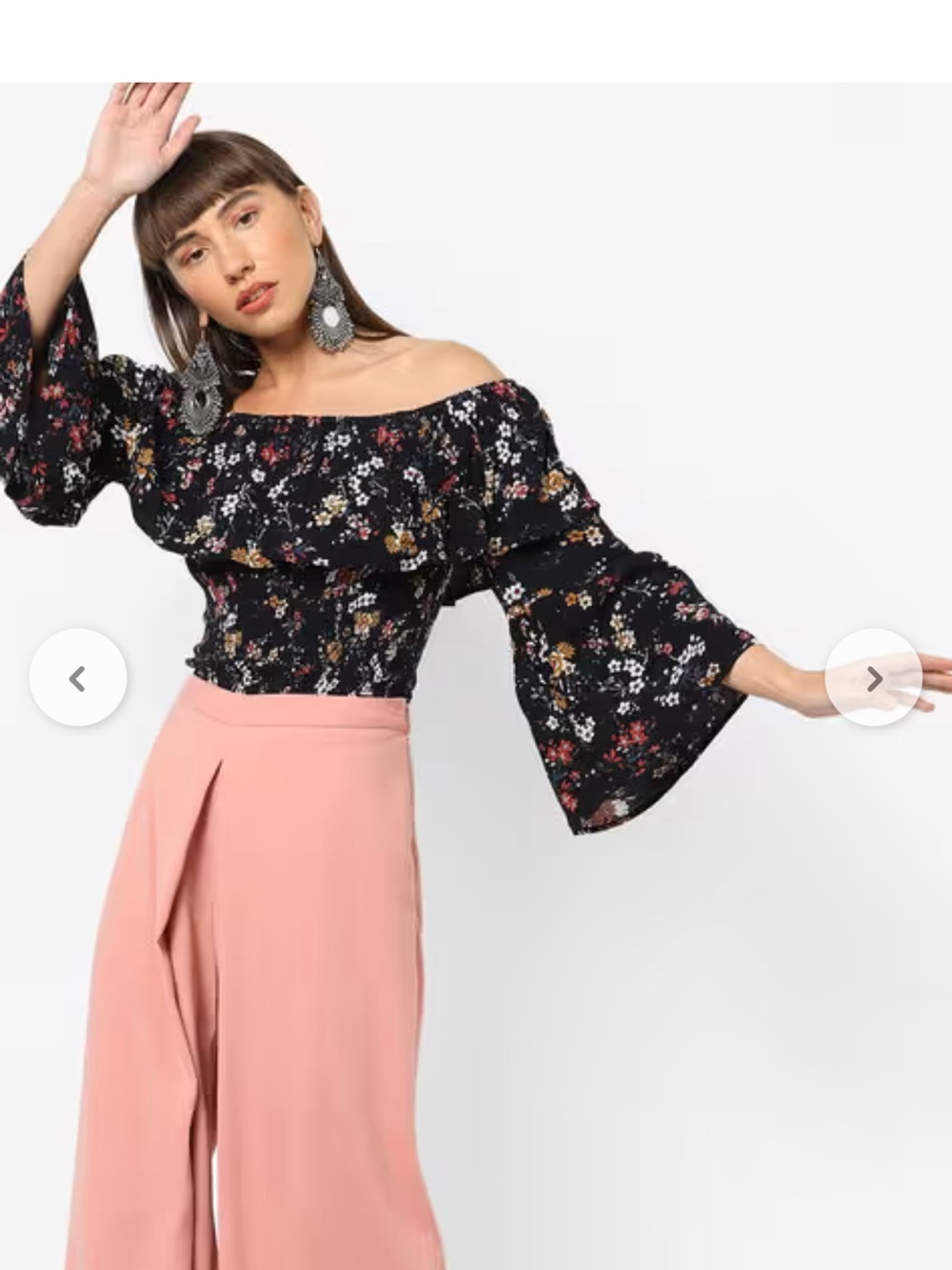 ONLY Smocked Floral Boho Off Shoulder Blouse Medium Navy Festival Summer Bell